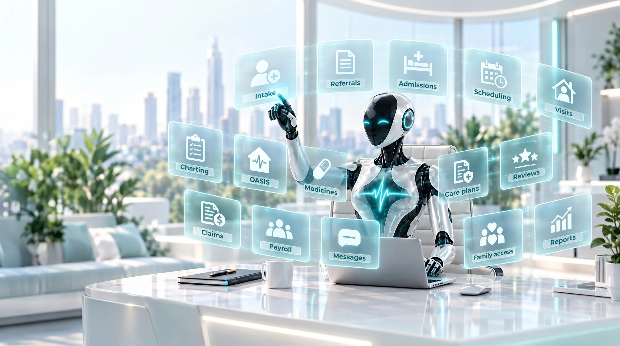 DomAfina AI coordinating referrals, intake, admissions, scheduling, visits, charting, OASIS, medicines, care plans, reviews, claims, payroll, messages, family access, and reports in one home-care management platform