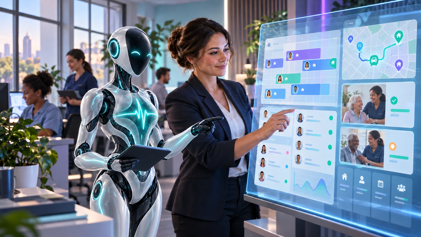 A home-care operations administrator working with DomAfina's AI assistant on scheduling and visit coordination