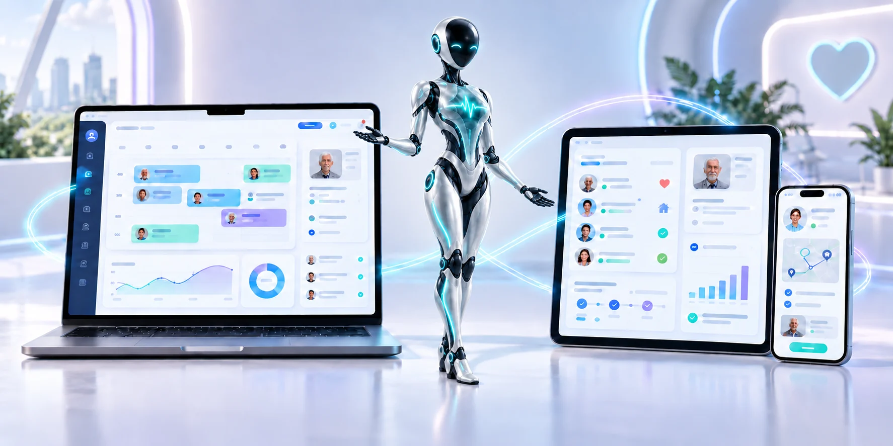 DomAfina's AI assistant presenting the connected home-care platform across laptop, tablet, and phone