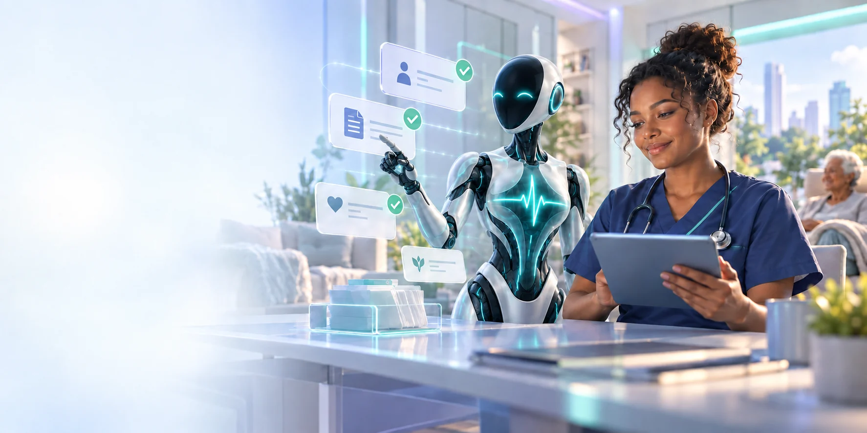 A home-health nurse working with DomAfina's friendly AI assistant to review and organize patient documentation