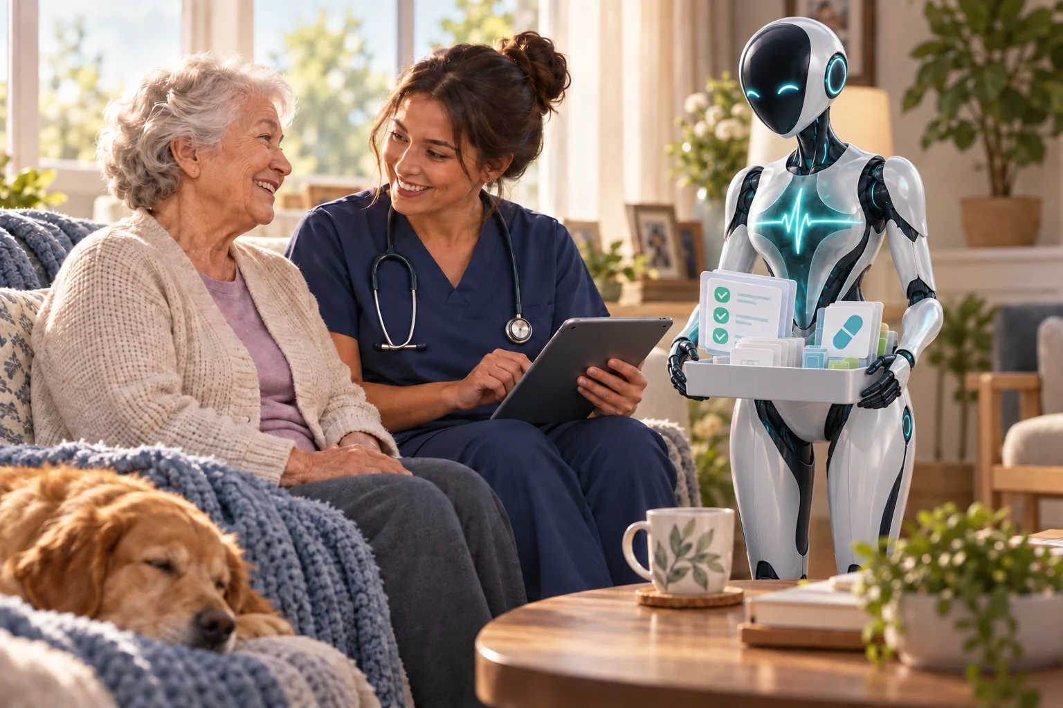 A visiting home-health nurse caring for a patient while DomAfina's AI assistant organizes documentation