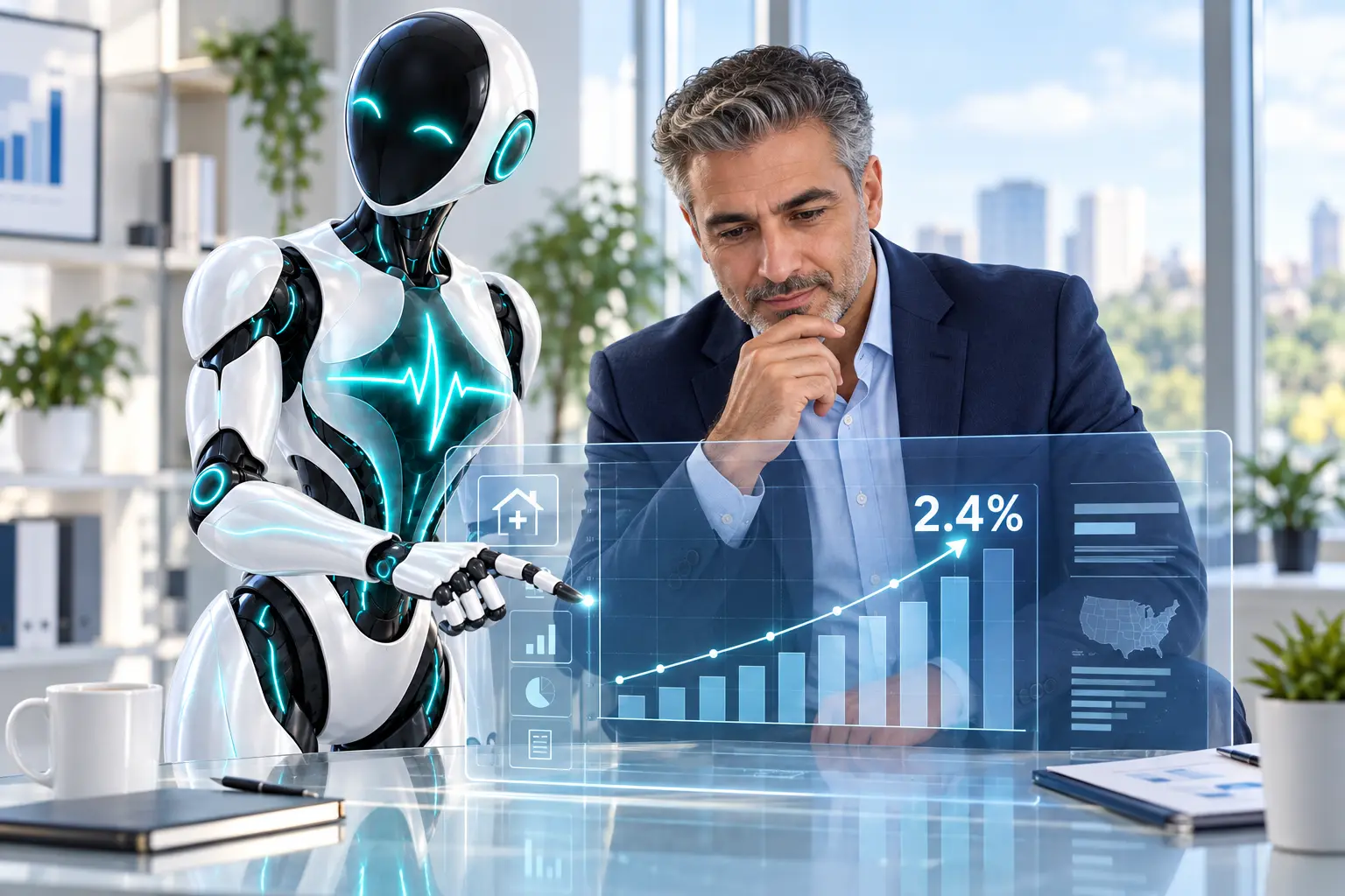 DomAfina robot and a home-health administrator reviewing the proposed 2.4 percent Medicare payment increase.