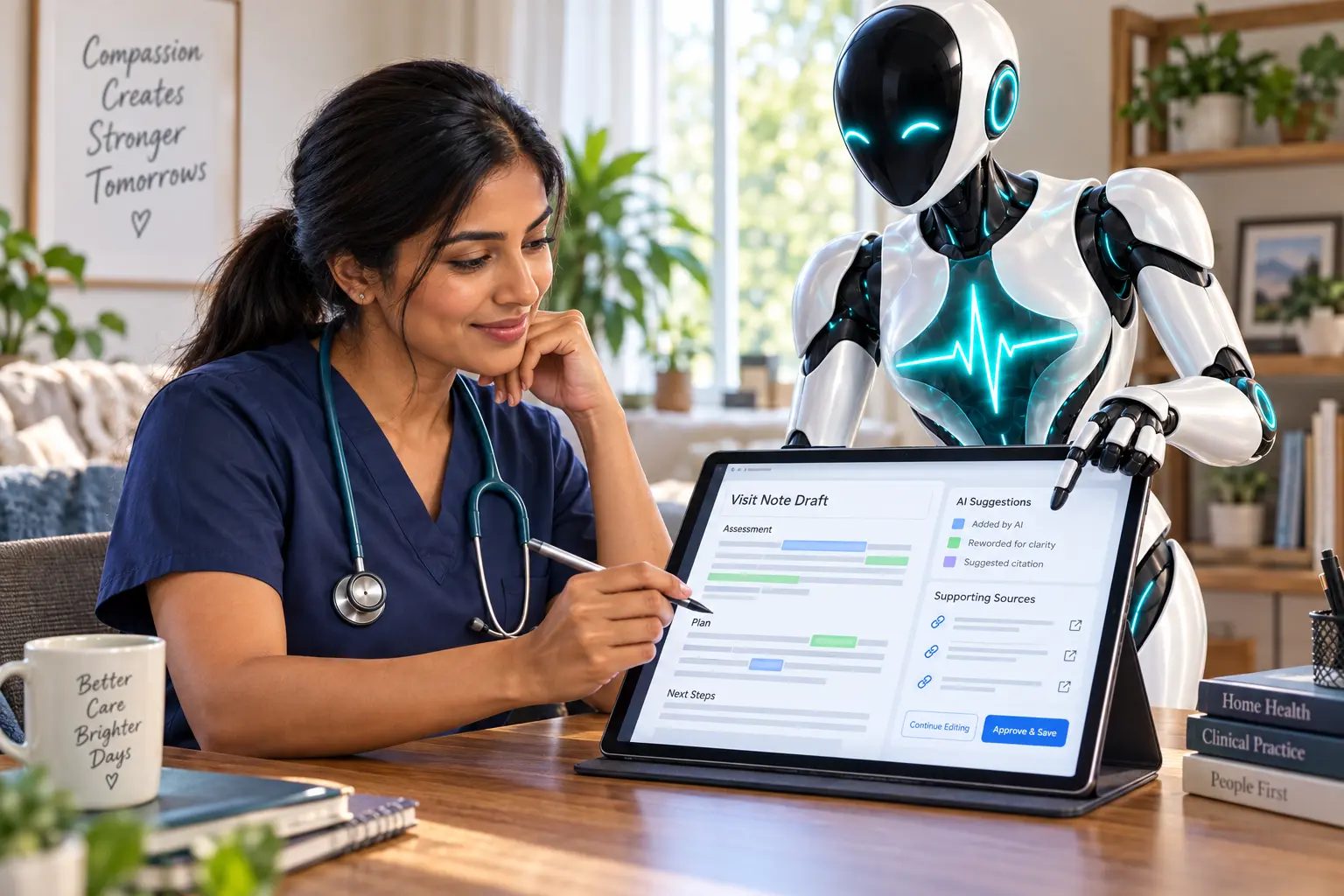 DomAfina robot presenting an AI-assisted visit-note draft while a clinician reviews and approves each change.
