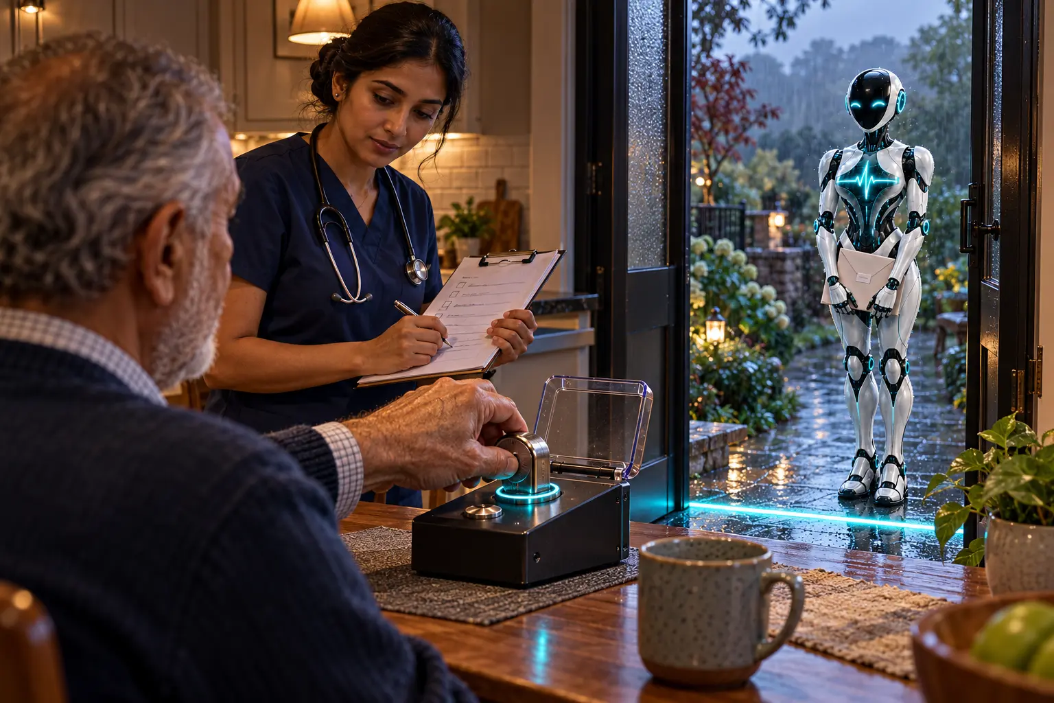 The DomAfina robot waits outside a rain-soaked doorway while a new older patient turns a physical consent key and a new home-health nurse verifies a safety checklist.