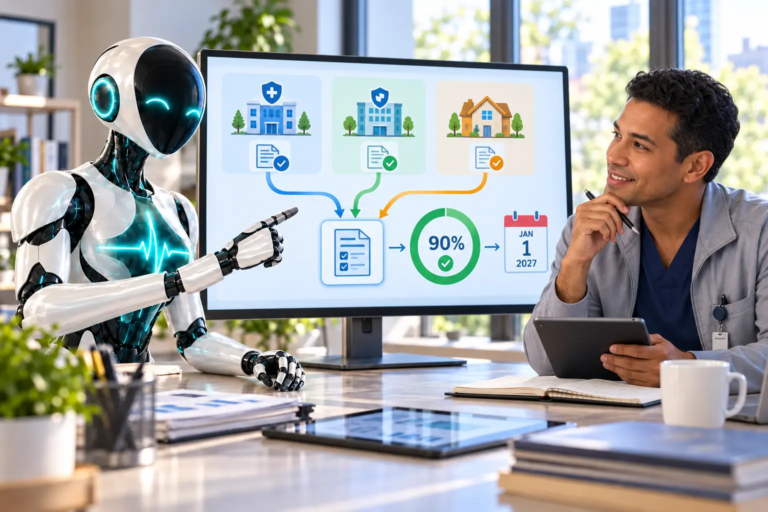 DomAfina robot and a new home-health quality nurse reviewing OASIS assessments across Medicare, commercial and private-pay cases before 2027.