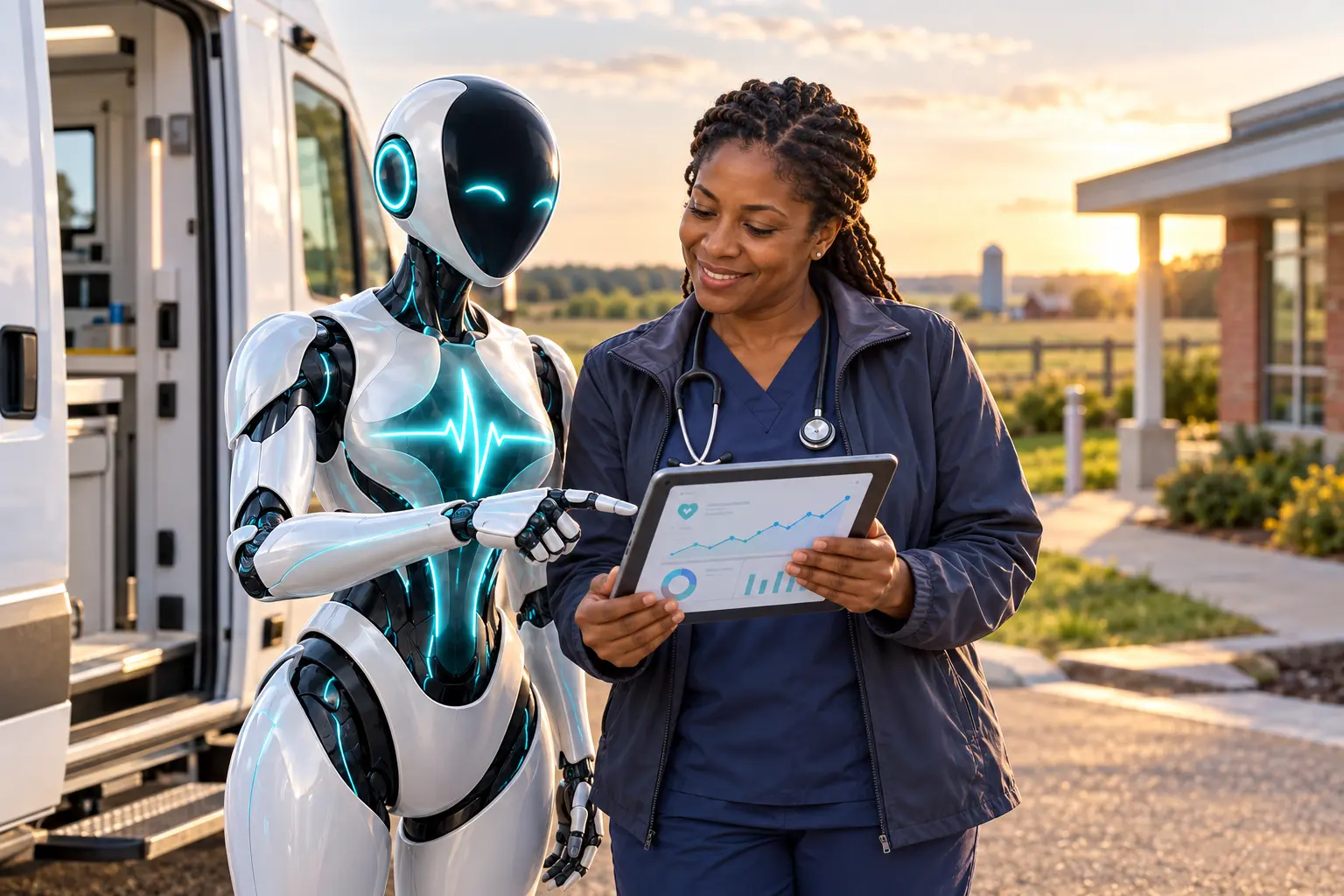 DomAfina robot and a new rural community-health nurse coordinating remote monitoring and a home-care referral beside a mobile health unit.