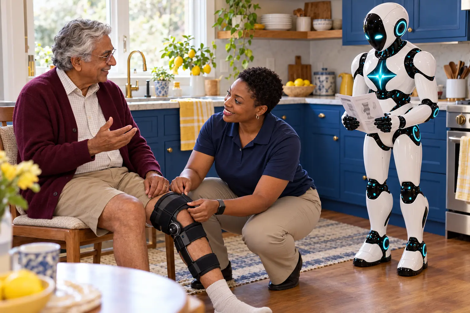 In a cobalt-blue home kitchen, a new older patient and orthotics fitter check a knee brace while the established DomAfina robot stands on the right holding equipment instructions. AI-generated editorial illustration.