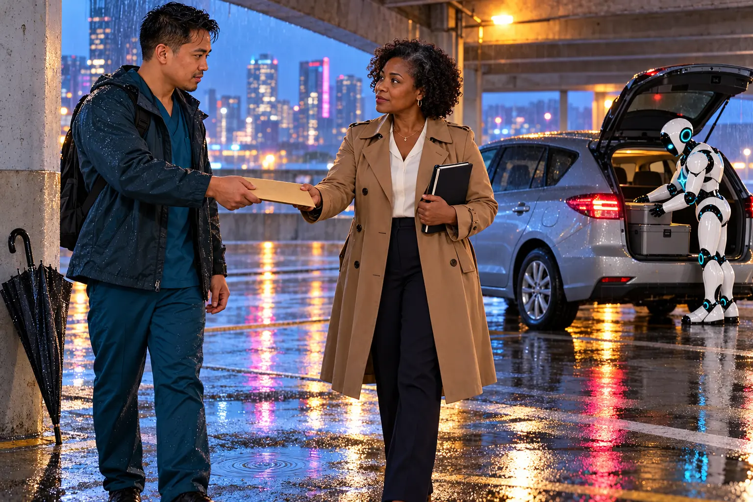 AI-generated editorial illustration of a new home-health nurse making a confidential envelope handoff to a new compliance officer in a rain-lit parking garage, while the established DomAfina robot secures records beside a vehicle in the background.
