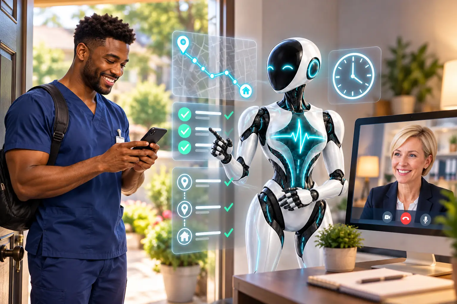 DomAfina robot verifying a caregiver home visit with route, time and service records.