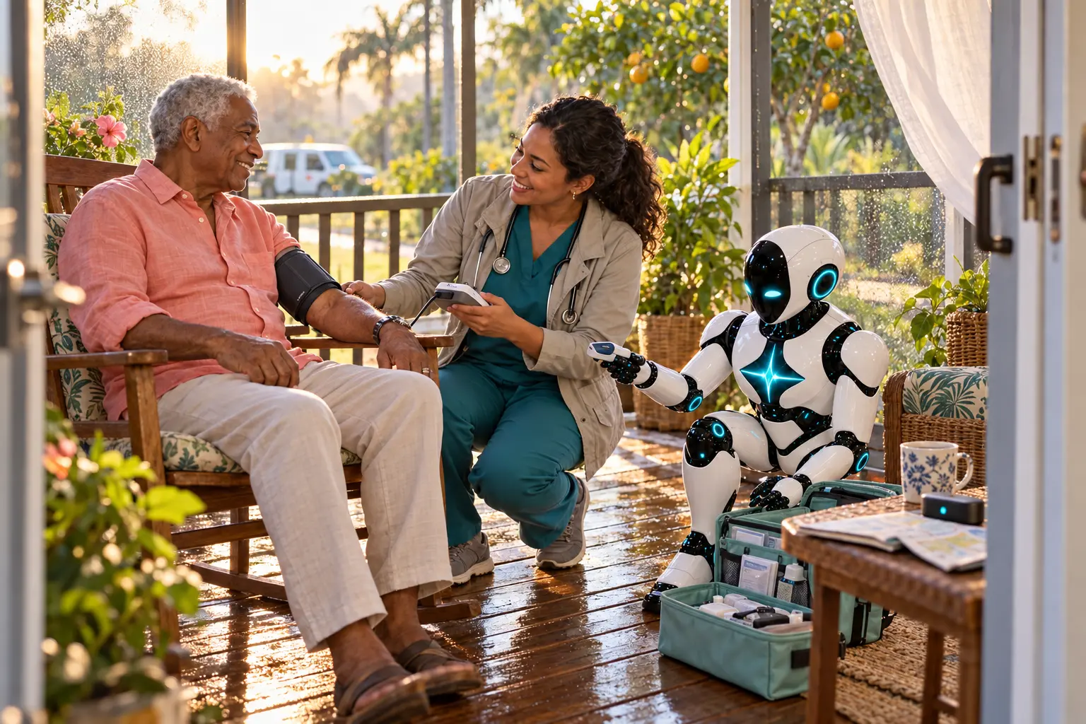 AI-generated editorial photograph of a new rural Florida patient and home-health nurse setting up remote monitoring on a screened porch at sunrise, while the established DomAfina robot kneels beside an open field kit.