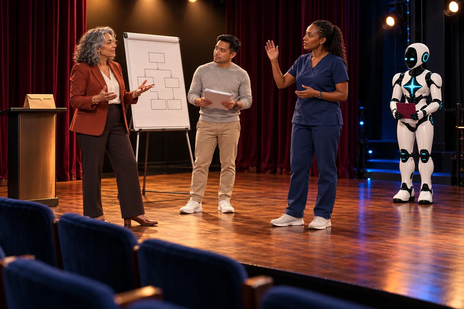 AI-generated editorial illustration of a new healthcare counsel, billing analyst and clinical director rehearsing a compliance escalation in a burgundy-curtained theater workshop, with the established DomAfina robot at the rear right.