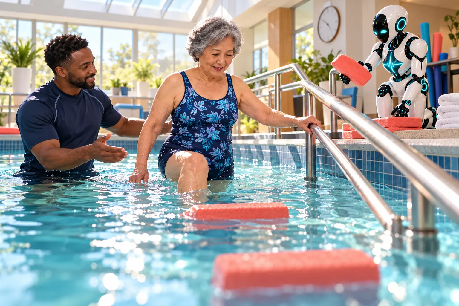 In a sunlit hydrotherapy pool, a new older woman practices balance with a new physical therapist while the DomAfina robot kneels on the deck with a coral foam aid beside the exit rail.