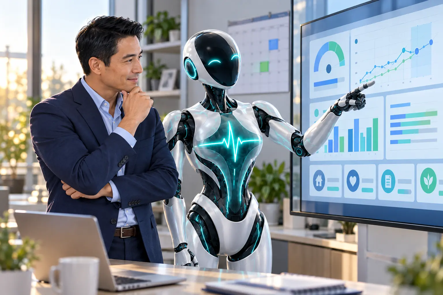 DomAfina robot and a new home-health quality director reviewing the upcoming HHVBP performance scorecard.