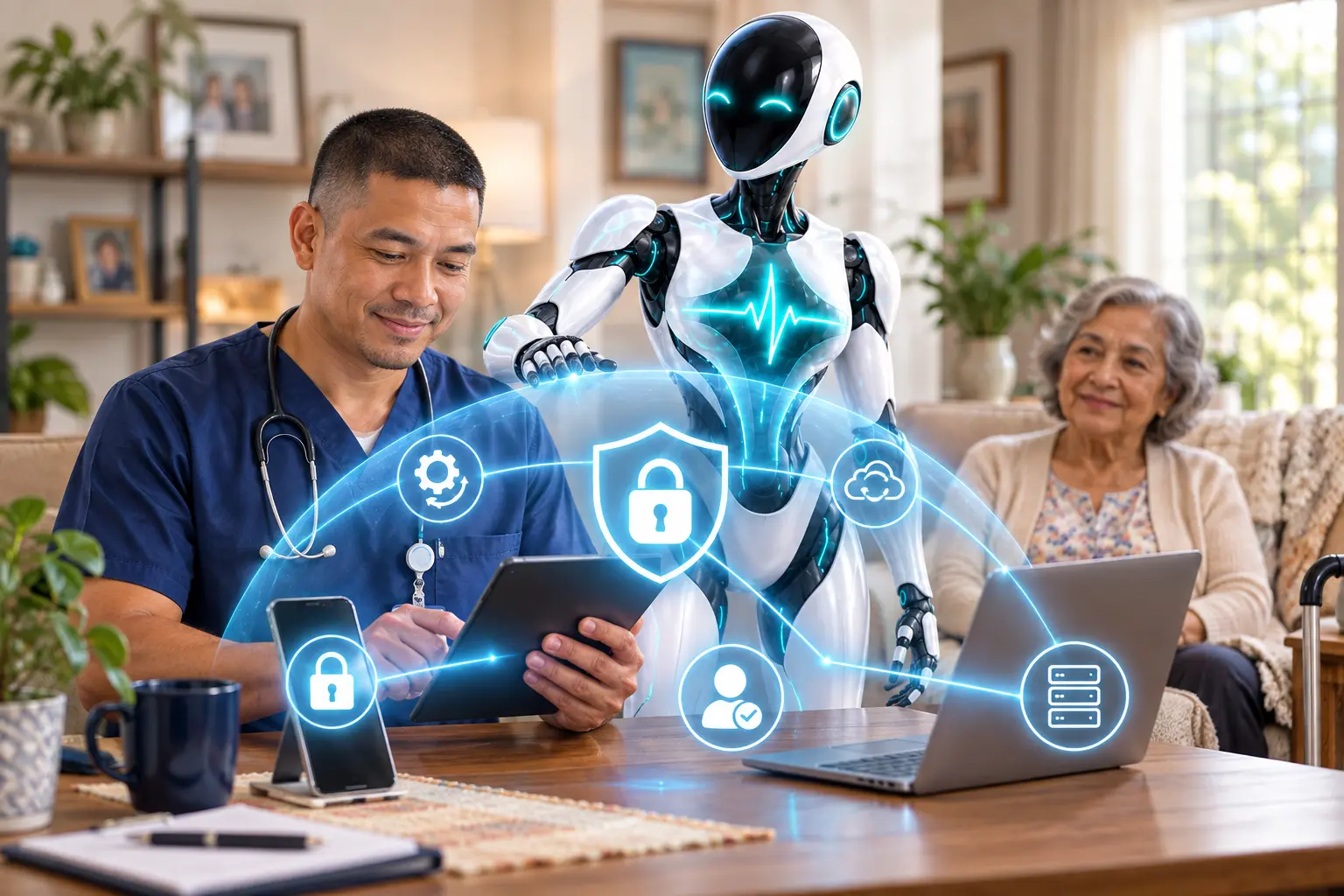 DomAfina robot protecting a home-health clinician’s tablet, phone and office connection.