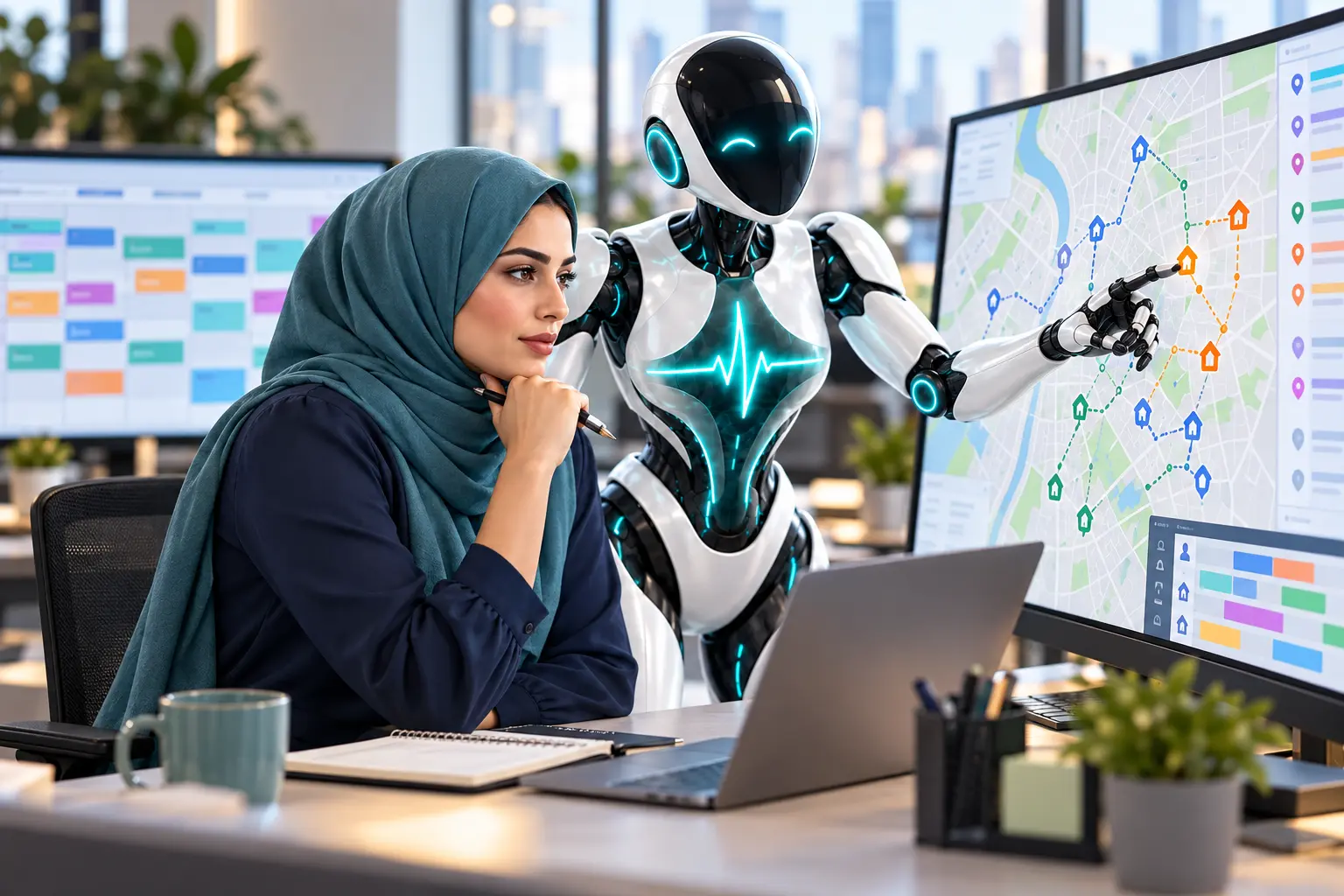 DomAfina robot helping a home-care coordinator match caregivers, routes and patient visits.