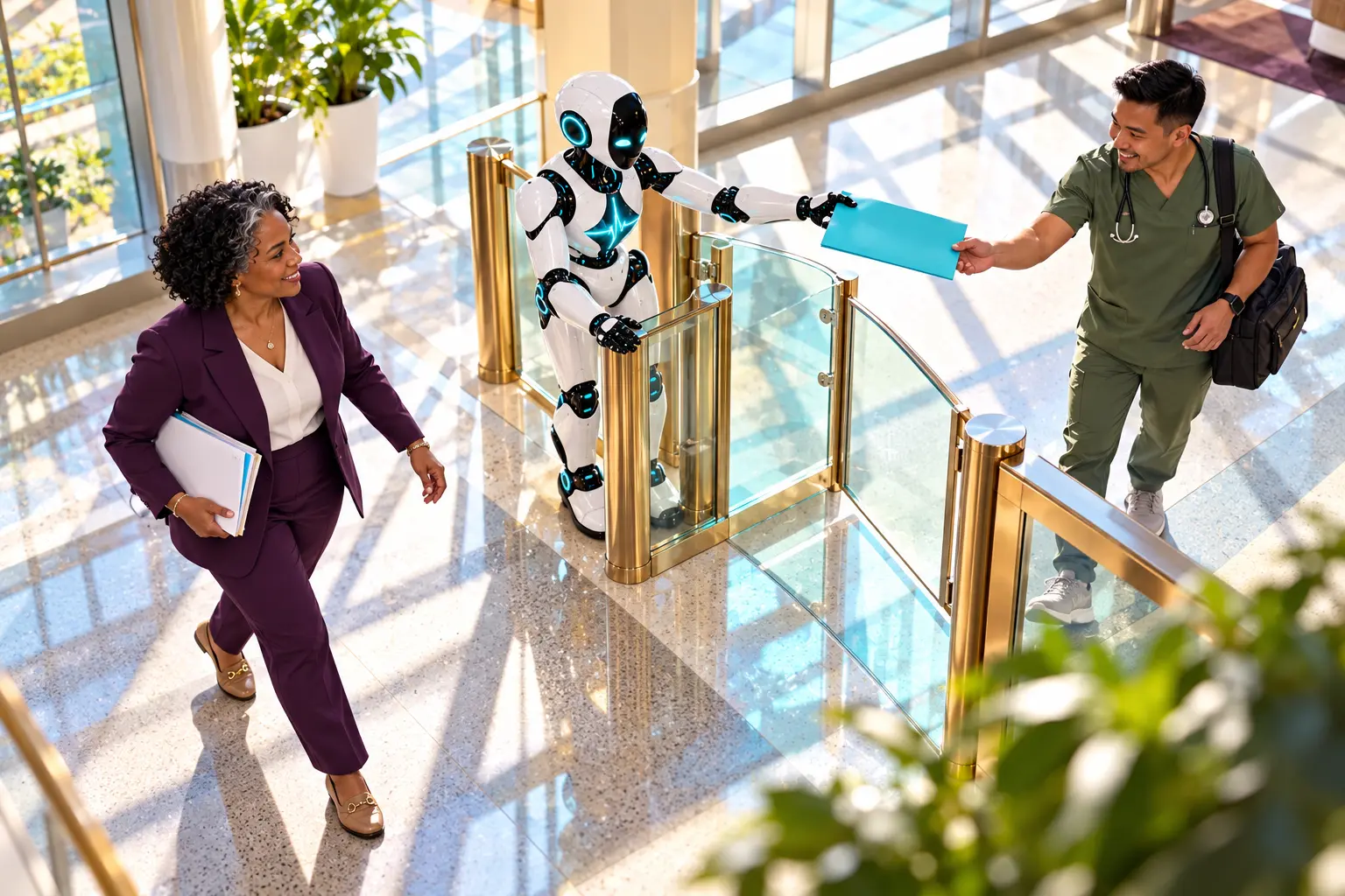 From a high diagonal view of a sunlit hospital admissions atrium, the DomAfina robot holds open a brass-and-glass intake gate while a new revenue-cycle leader and a new home-health nurse complete a cyan-folder handoff.