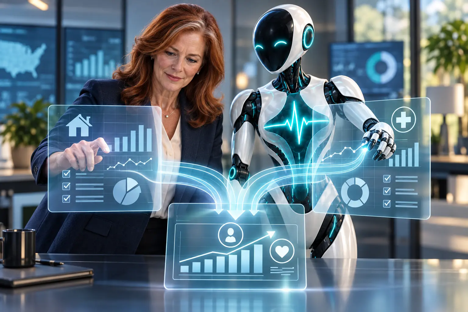 DomAfina robot helping a quality manager combine home-health performance and reporting dashboards.