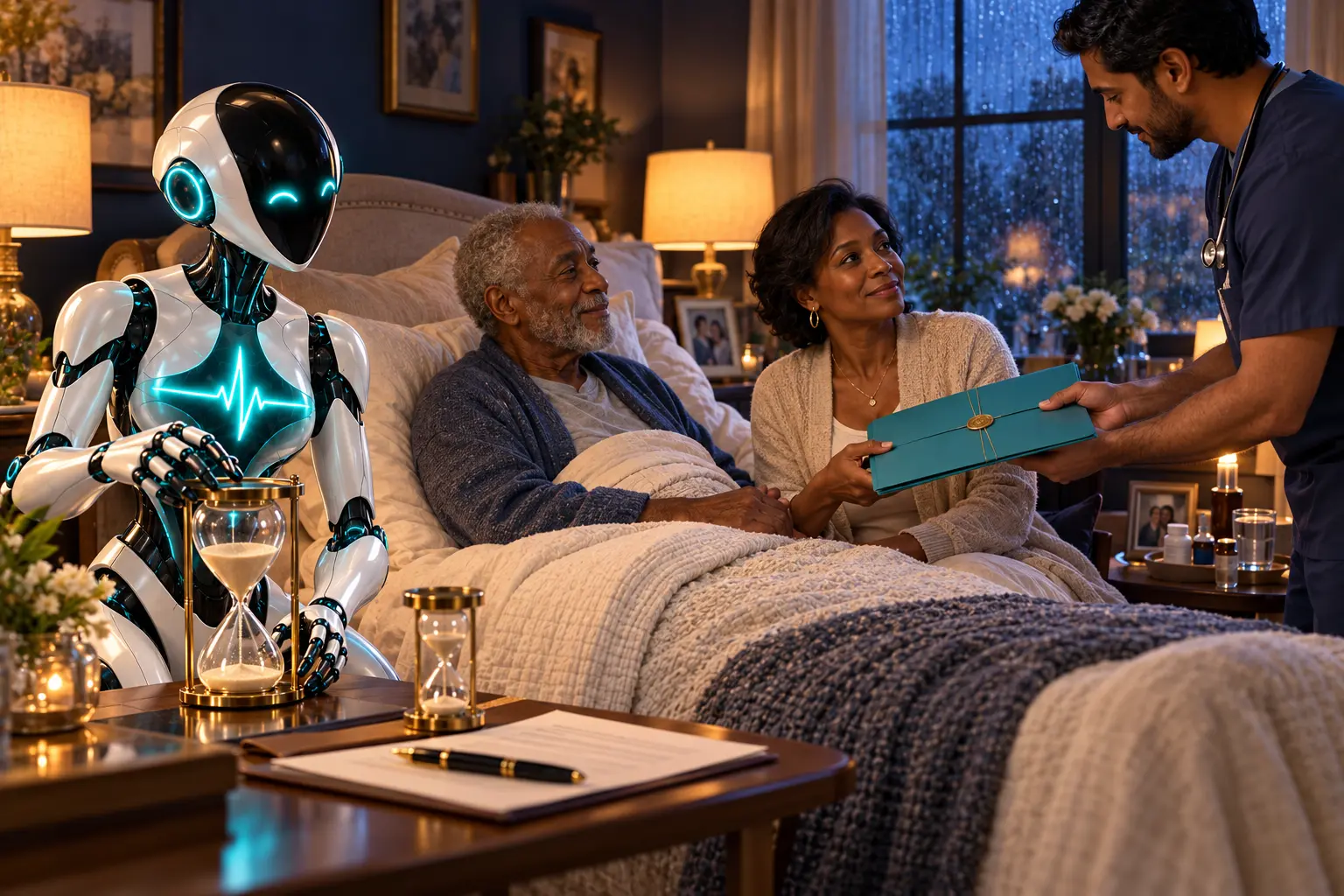 DomAfina robot turns an hourglass during a warm dusk hospice bedside handoff as a new nurse gives a sealed election-addendum folder to a new patient’s daughter.