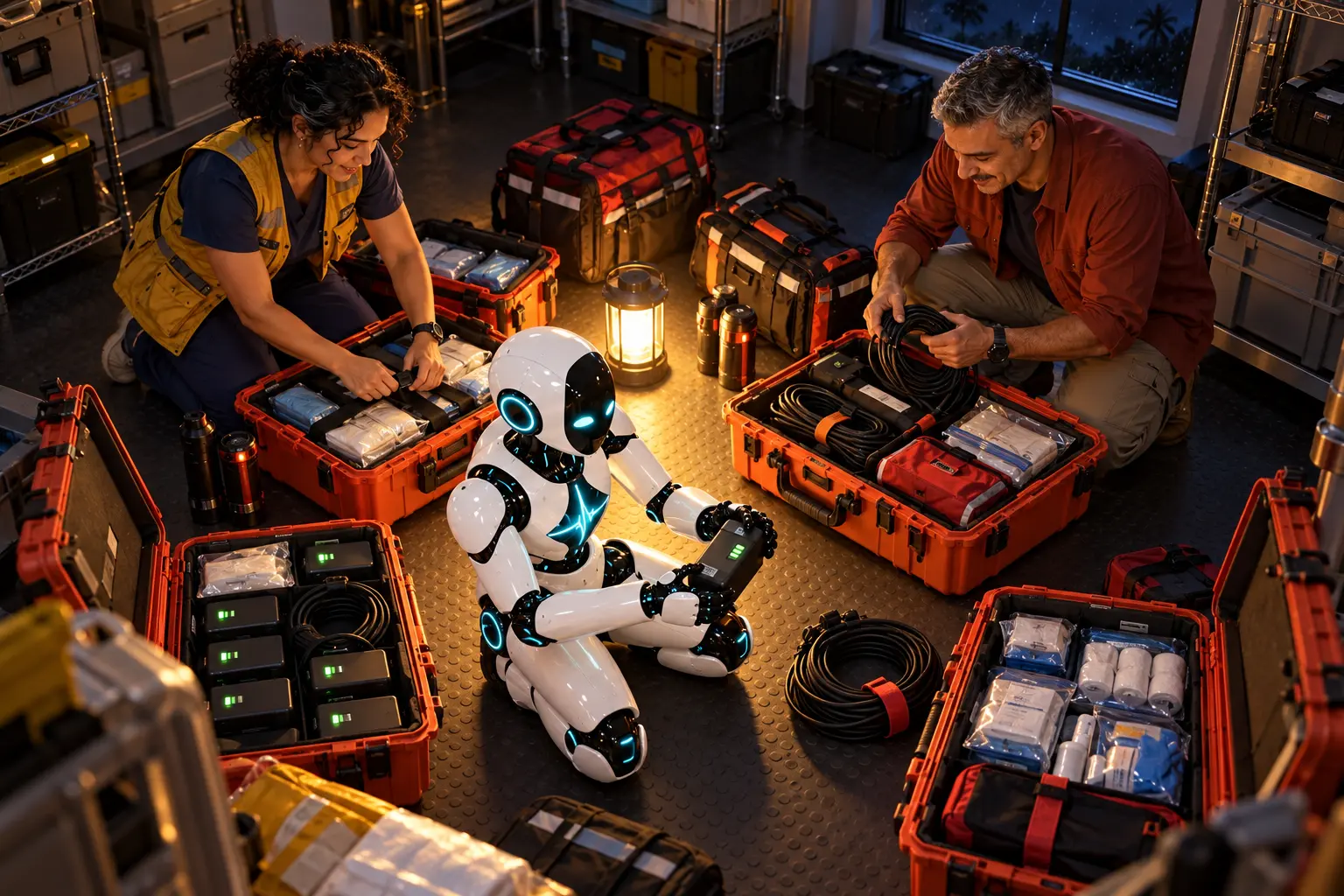 Editorial illustration of the DomAfina robot checking a battery pack in a lantern-lit emergency equipment room while a new home-health nurse and equipment coordinator pack visit kits in a circular floor layout.