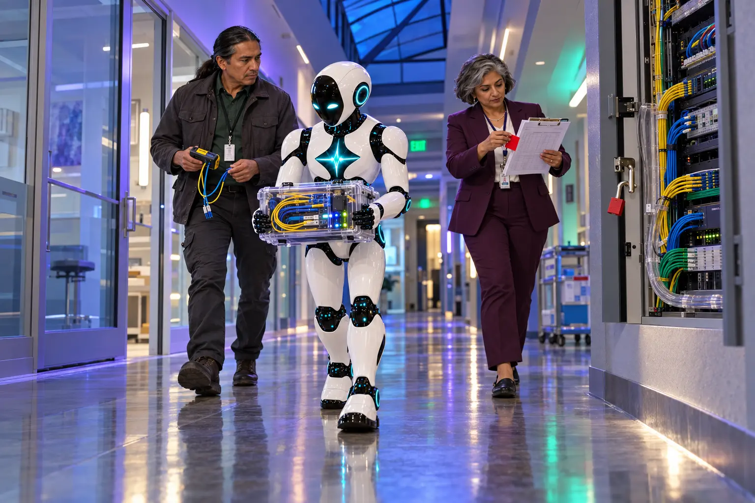 AI-generated editorial photograph of two new healthcare technology leaders conducting an after-hours clinic-corridor security audit while the established DomAfina robot carries a transparent network-test case in the foreground.