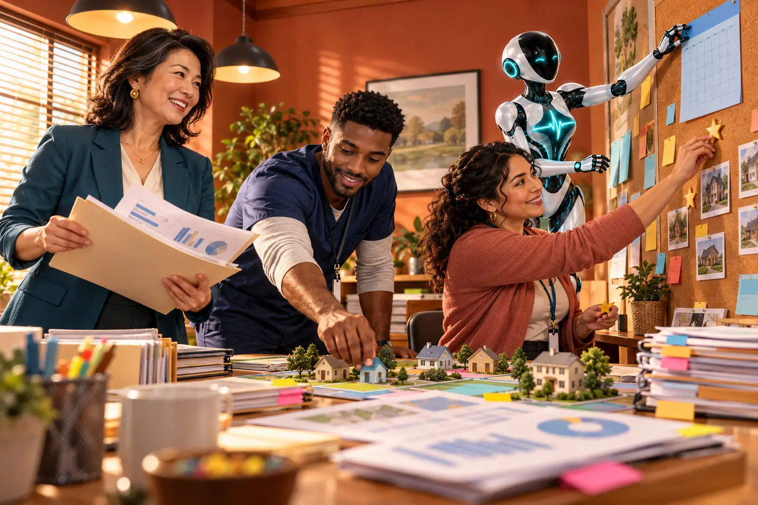 DomAfina robot joins three new home-health professionals in a warm, screen-free quality workshop reviewing January 2027 preview scores with paper reports, a calendar and model homes.