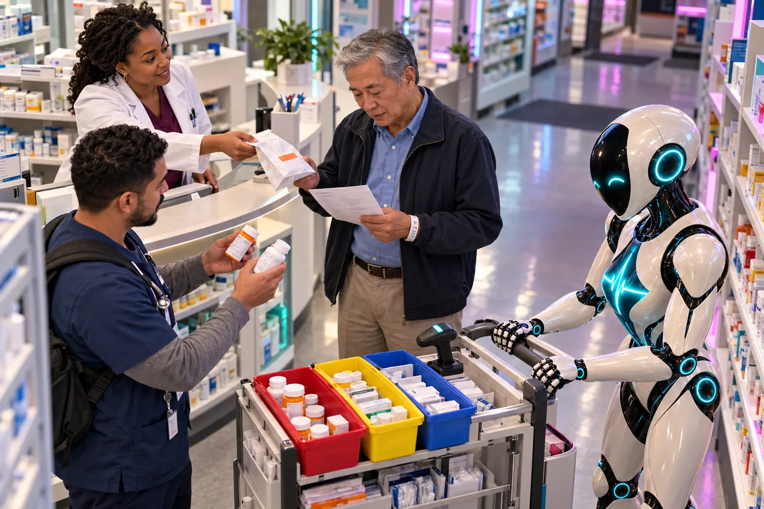 In a neighborhood pharmacy, the DomAfina robot rolls a color-coded medication-safety cart while a new pharmacist, home-health nurse and older patient reconcile medicines after an emergency-department visit.