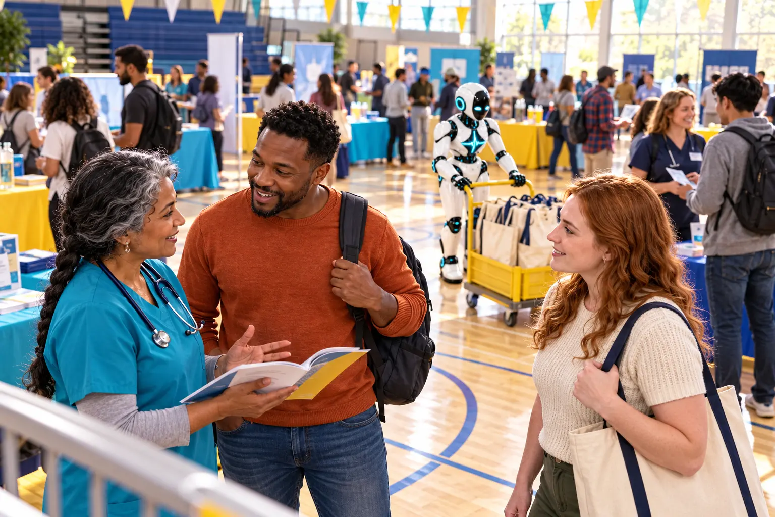 AI-generated editorial illustration of new adult career changers speaking with a nurse mentor at a colorful community-college healthcare career fair, with the established DomAfina robot pushing a yellow welcome cart in the background.