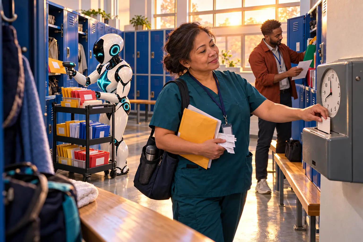 In a sunrise-lit home-care employee locker room, the DomAfina robot sorts color-coded payroll and benefits packets while a new home-health aide clocks out and a new compensation coordinator organizes worker records.