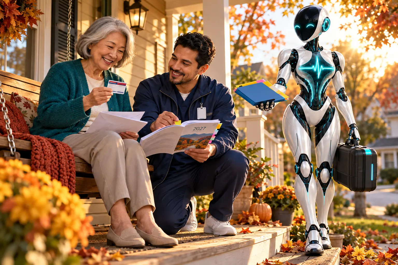 DomAfina robot joins a new home-health intake nurse and an older patient reviewing 2027 Medicare Advantage coverage on an autumn front porch.
