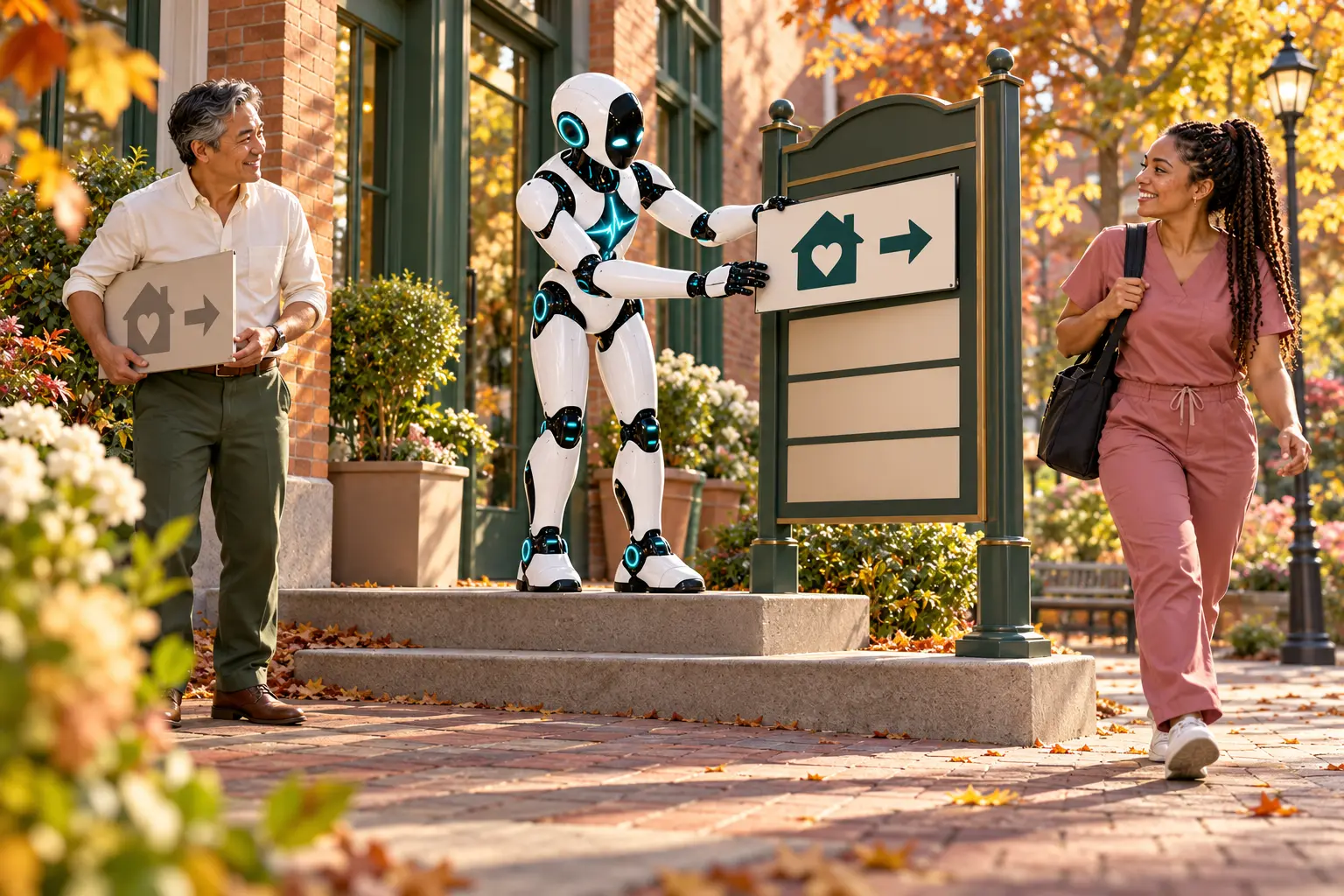 AI-generated editorial illustration of the established DomAfina robot replacing a wayfinding panel outside a home-health agency, with a new operations manager and a new nurse in an autumn courtyard.