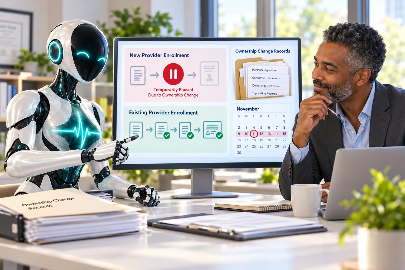 DomAfina robot and a new home-health compliance director reviewing paused Medicare enrollment and ownership-change records.