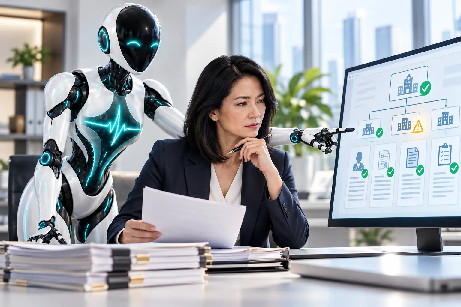 DomAfina robot and compliance manager checking home-health ownership and provider records.