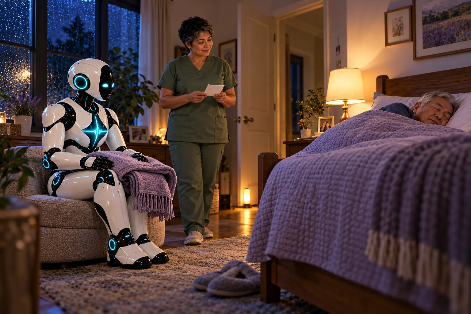 AI-generated editorial illustration of a new awake home-care worker beside a new older sleeping patient in a lavender bedroom at night, with the established DomAfina robot seated on the left holding a spare blanket.