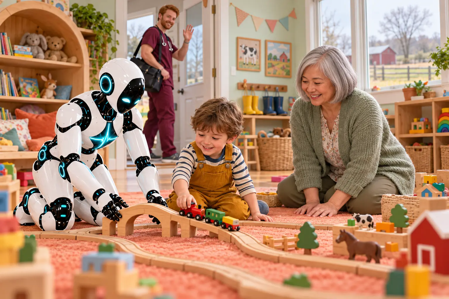 In a rural childcare playroom, the DomAfina robot builds a wooden train bridge with a new young child while a new childcare educator supervises and a new nurse parent waves goodbye before work.