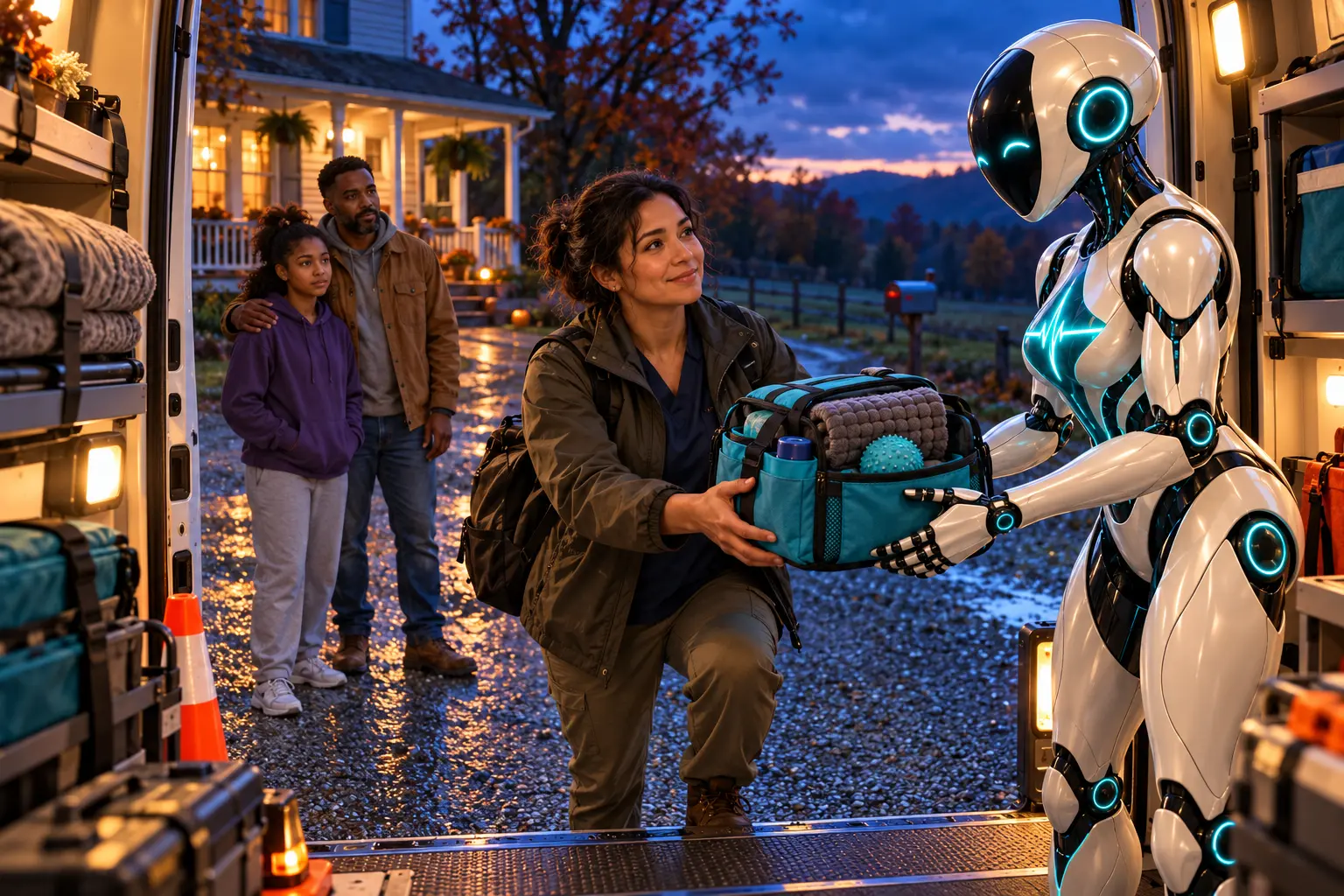 Inside a rural mobile-crisis van at blue hour, the DomAfina robot hands a care kit to a new behavioral-health clinician while a new father and teenage daughter wait by their farmhouse.
