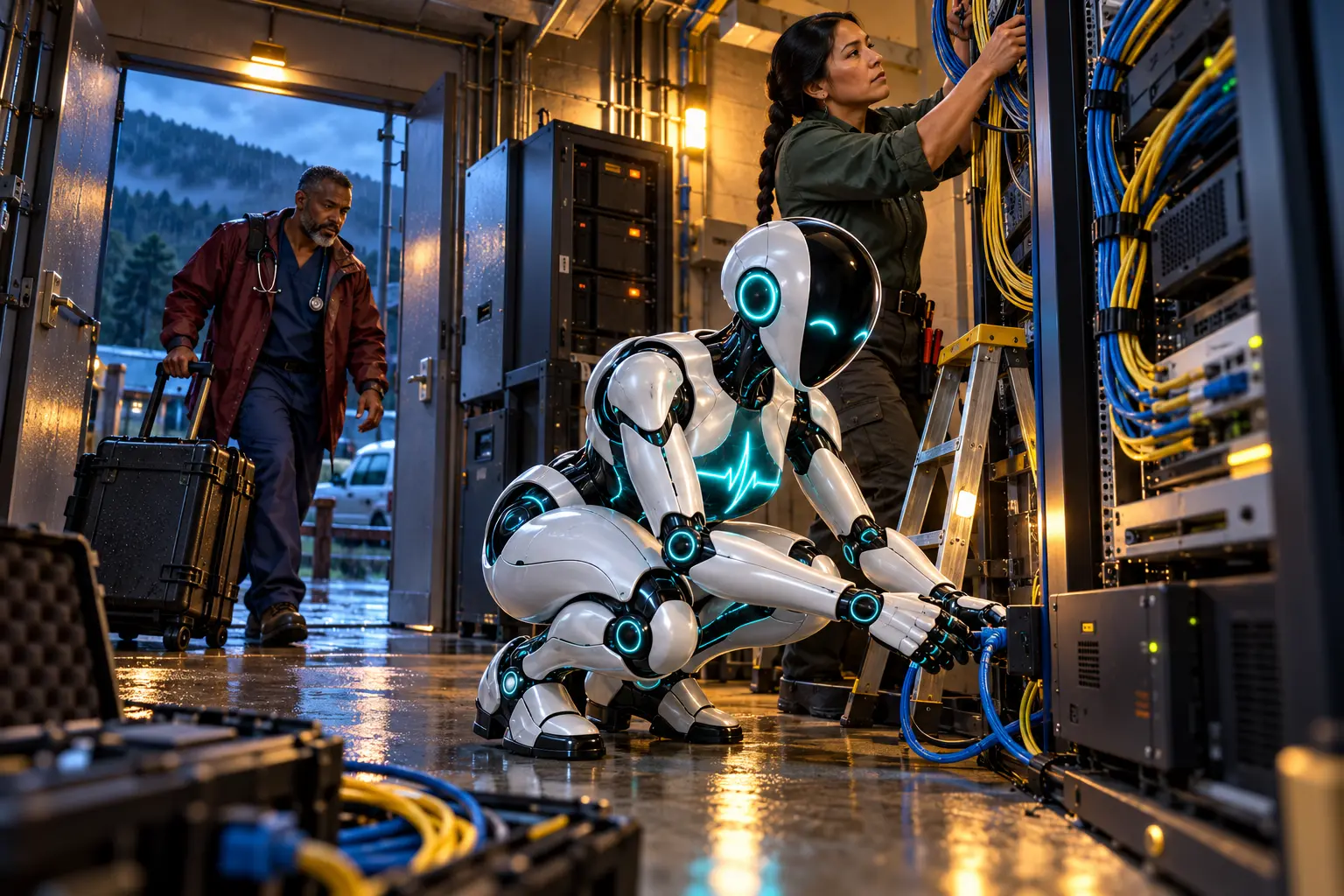 DomAfina robot, a new rural home-health nurse and a new cybersecurity engineer connecting secure telehealth equipment inside a rural clinic equipment room.