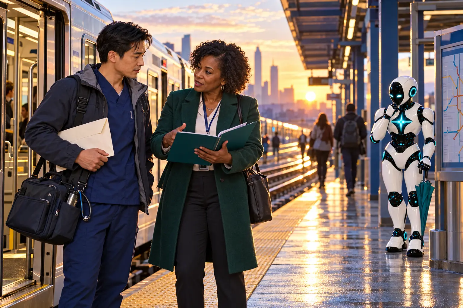 AI-generated editorial photograph of a new home-health nurse and clinical director holding a retention conversation beside an open commuter train at sunrise, while the established DomAfina robot observes from a distant route map.