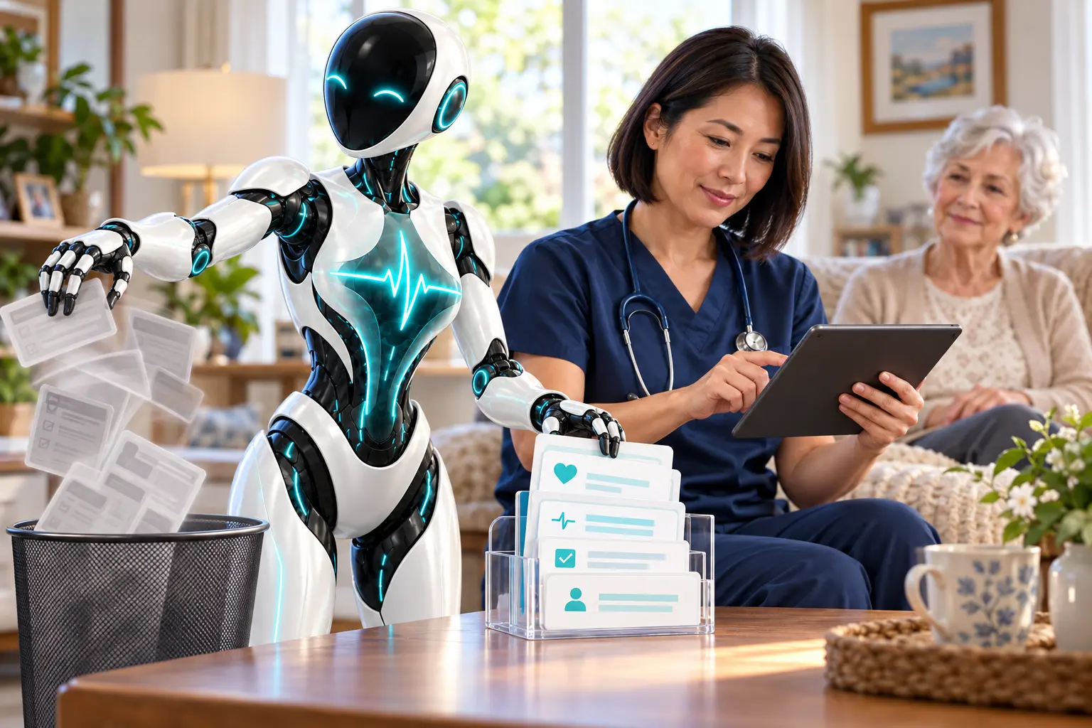 DomAfina robot removing outdated assessment cards while a home-health clinician reviews the remaining OASIS fields.
