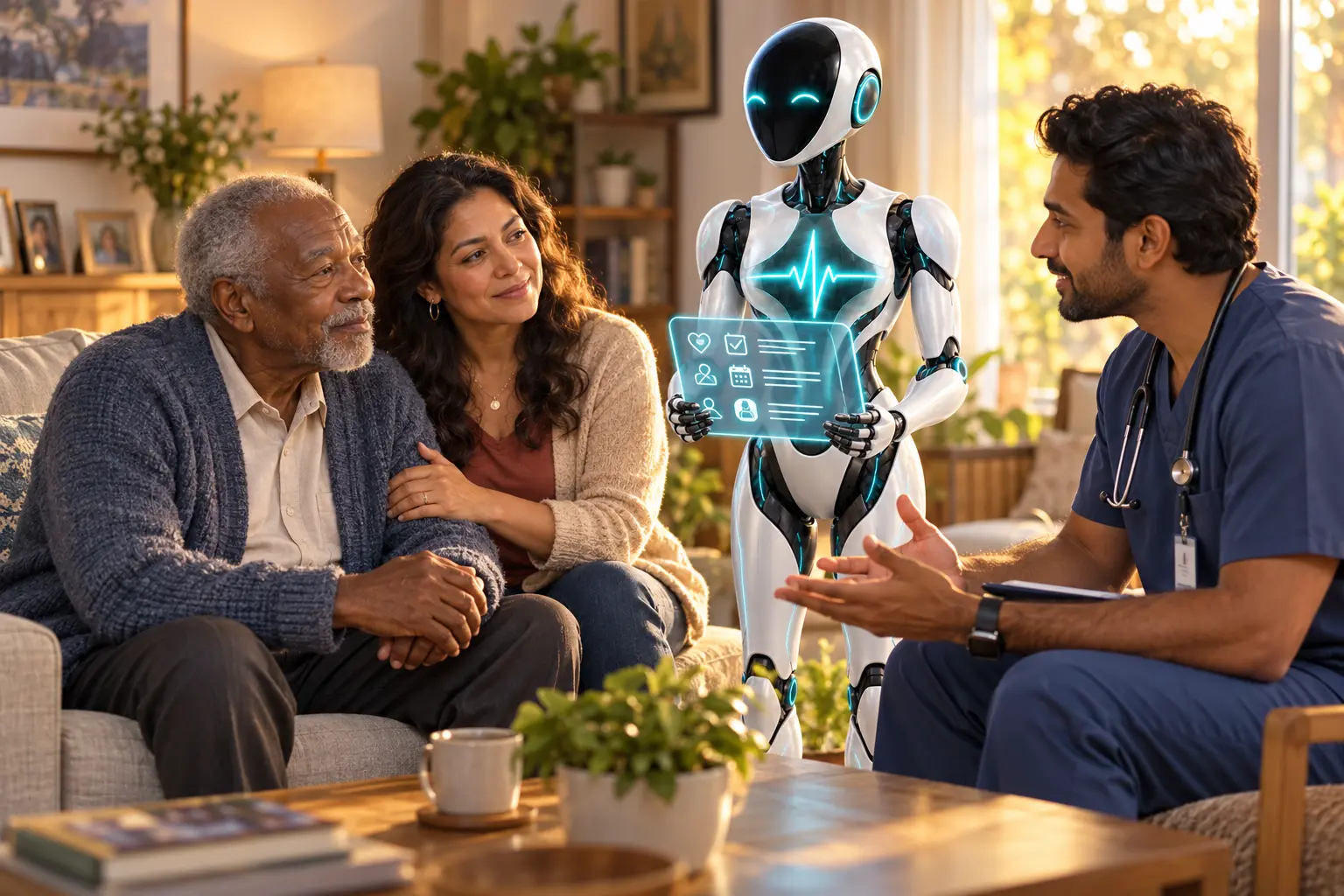 DomAfina robot supporting a nurse, older patient and family member during a palliative-care conversation at home.