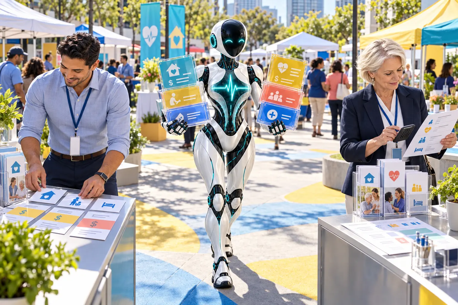 The DomAfina robot carries transparent rate cards through a sunny community health fair while two new benefits professionals compare home-care service pricing at separate kiosks.