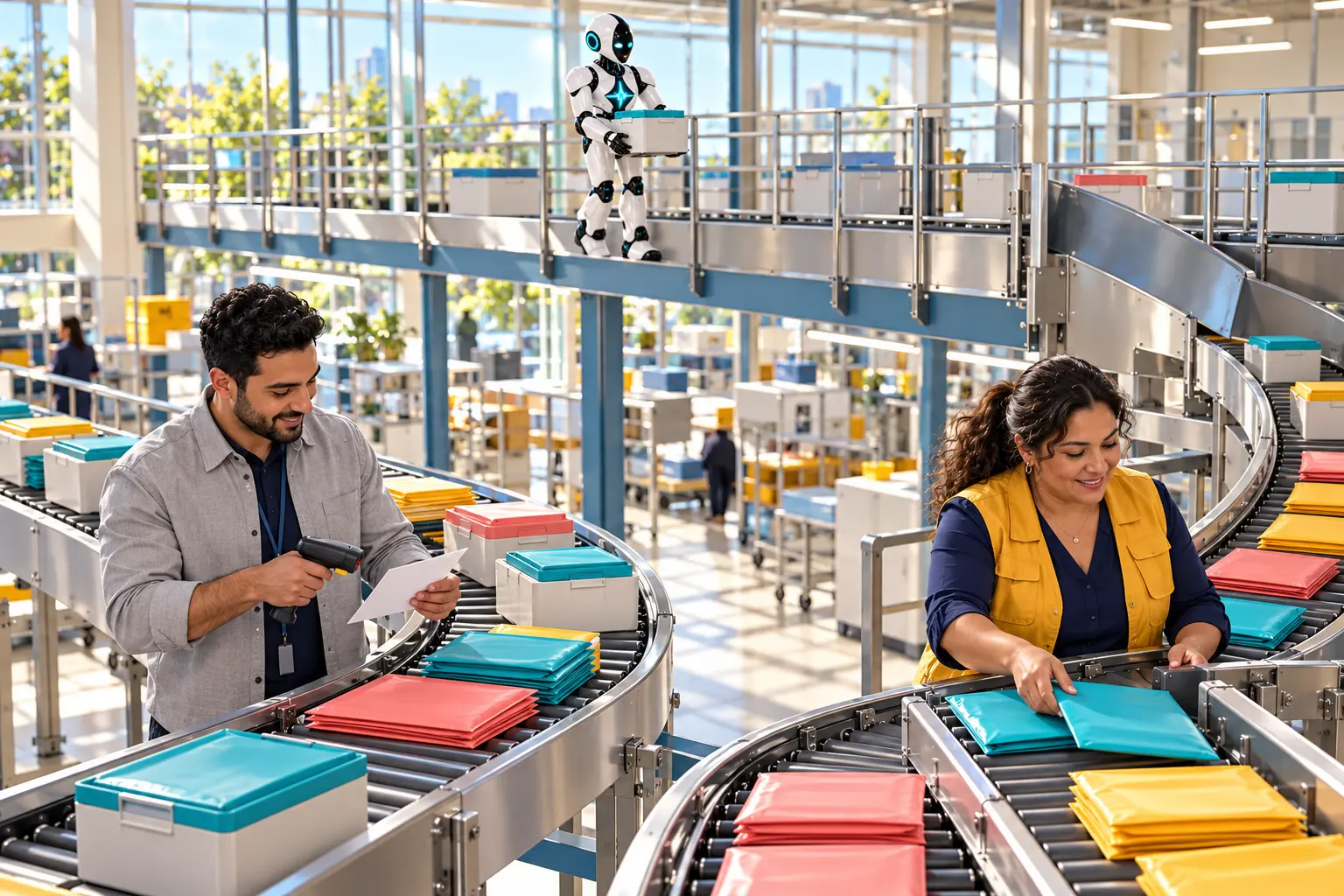 AI-generated editorial illustration of two new healthcare operations professionals routing sealed document sleeves through a bright medical-courier sorting hub, while the established DomAfina robot carries a records tote on an elevated catwalk.