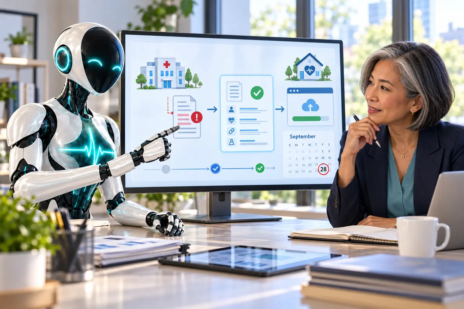 DomAfina robot and a new interoperability architect turning a broken hospital-to-home data handoff into structured standards feedback.