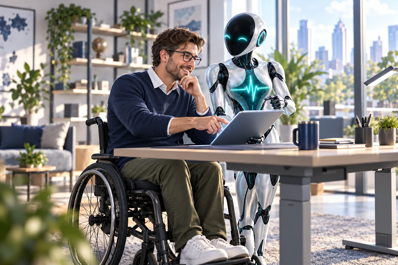 Wheelchair user and DomAfina robot assistant at an adjustable computer workstation.