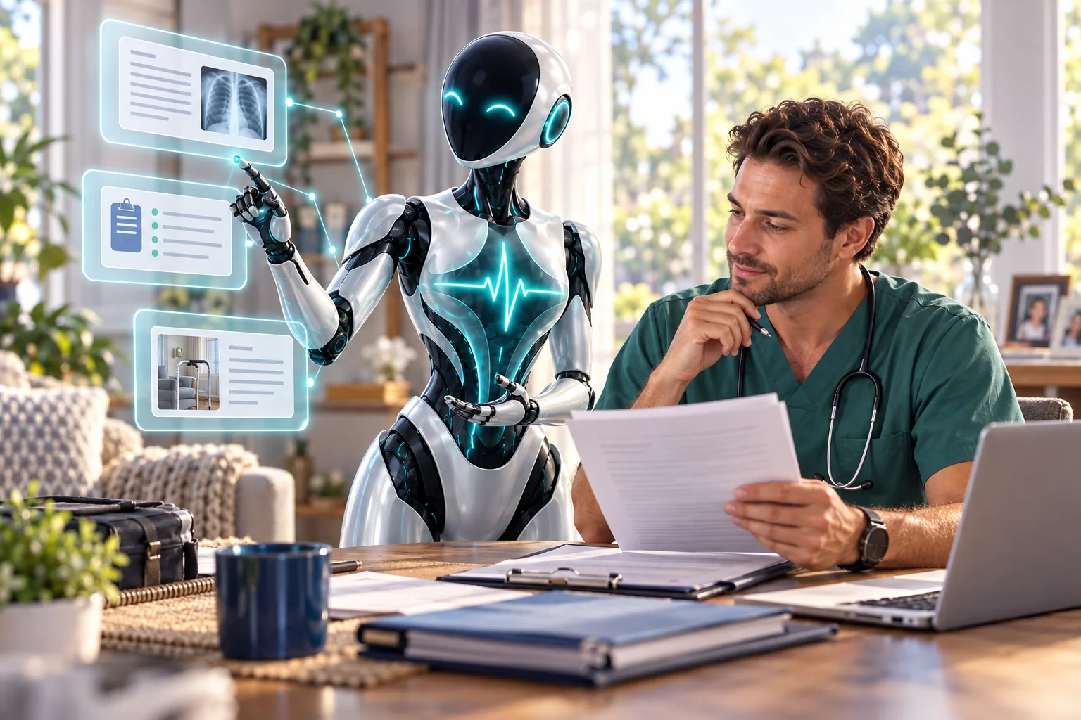 Clinician and DomAfina robot assistant reviewing documentation at a home workspace.