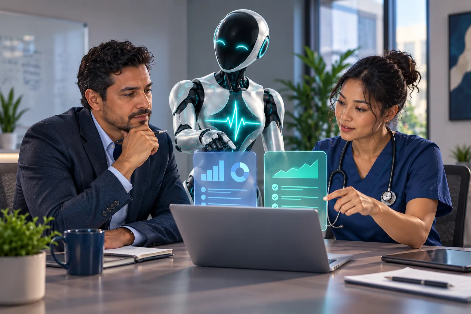 Manager and nurse comparing home-health software with the DomAfina robot assistant.