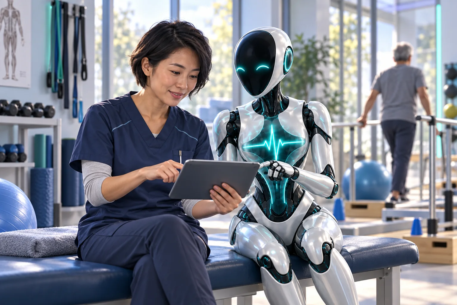 Physical therapist and DomAfina robot assistant reviewing clinical documentation.