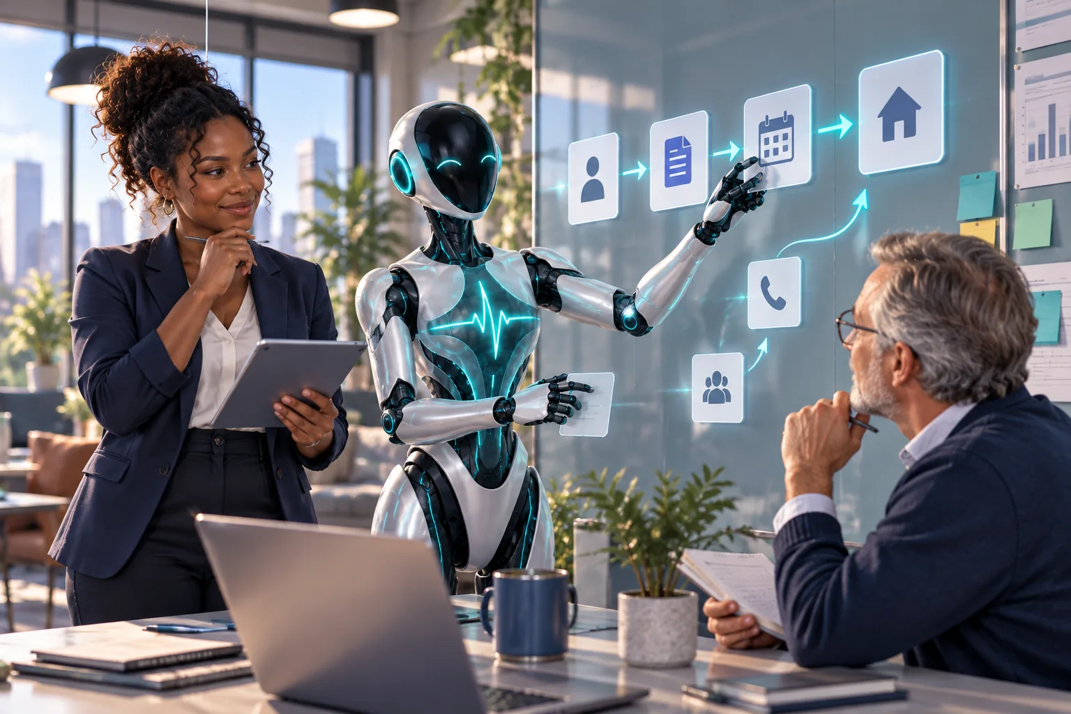 Operations lead and scheduler planning a connected workflow with the DomAfina robot assistant.