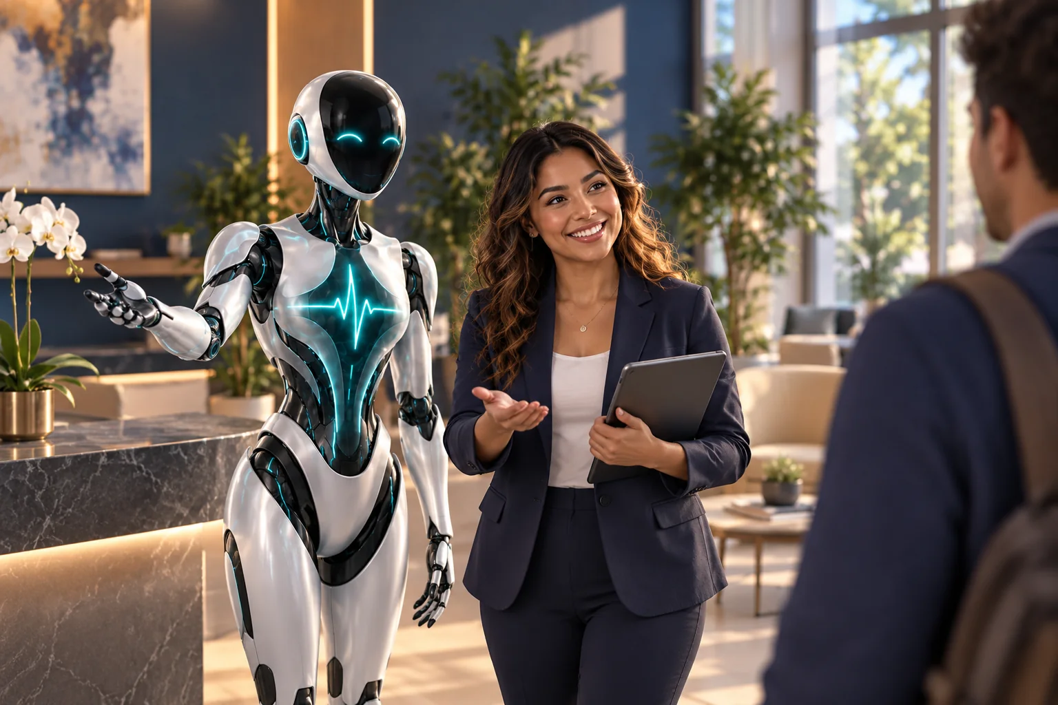 Customer-success professional and DomAfina robot assistant in a reception lounge.