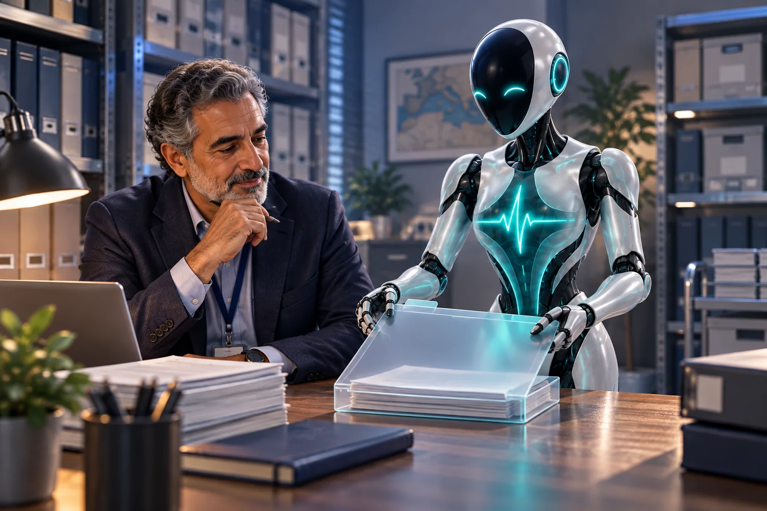 Data governance professional and DomAfina robot assistant in a records room.