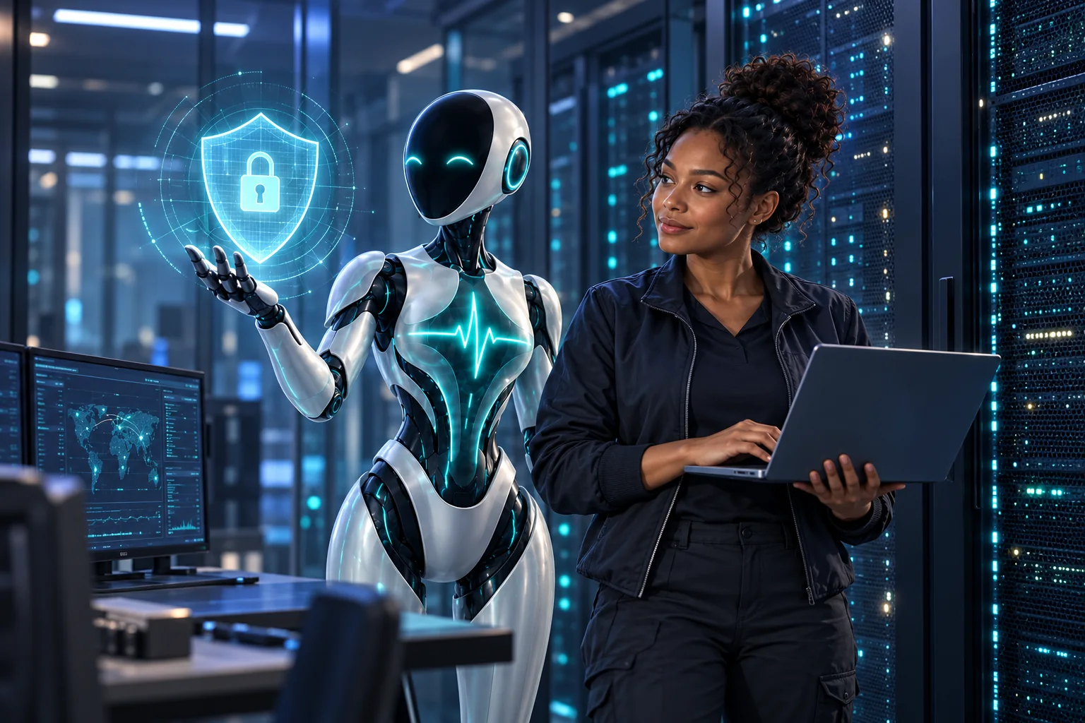 Security engineer and DomAfina robot assistant in a server room.